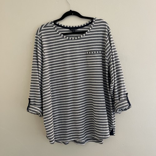 LANDS END Boatneck Nautical Pima Cotton 3/4 Sleeve Striped Tee, Navy/White - XXL
