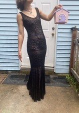 Y2K Sue Wong Nocturne Black Lace sequin beaded Maxi sleeveless Dress 4