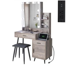 Makeup Vanity Set LED Mirror White Vanity Table with Stool Bedroom Makeup Desk
