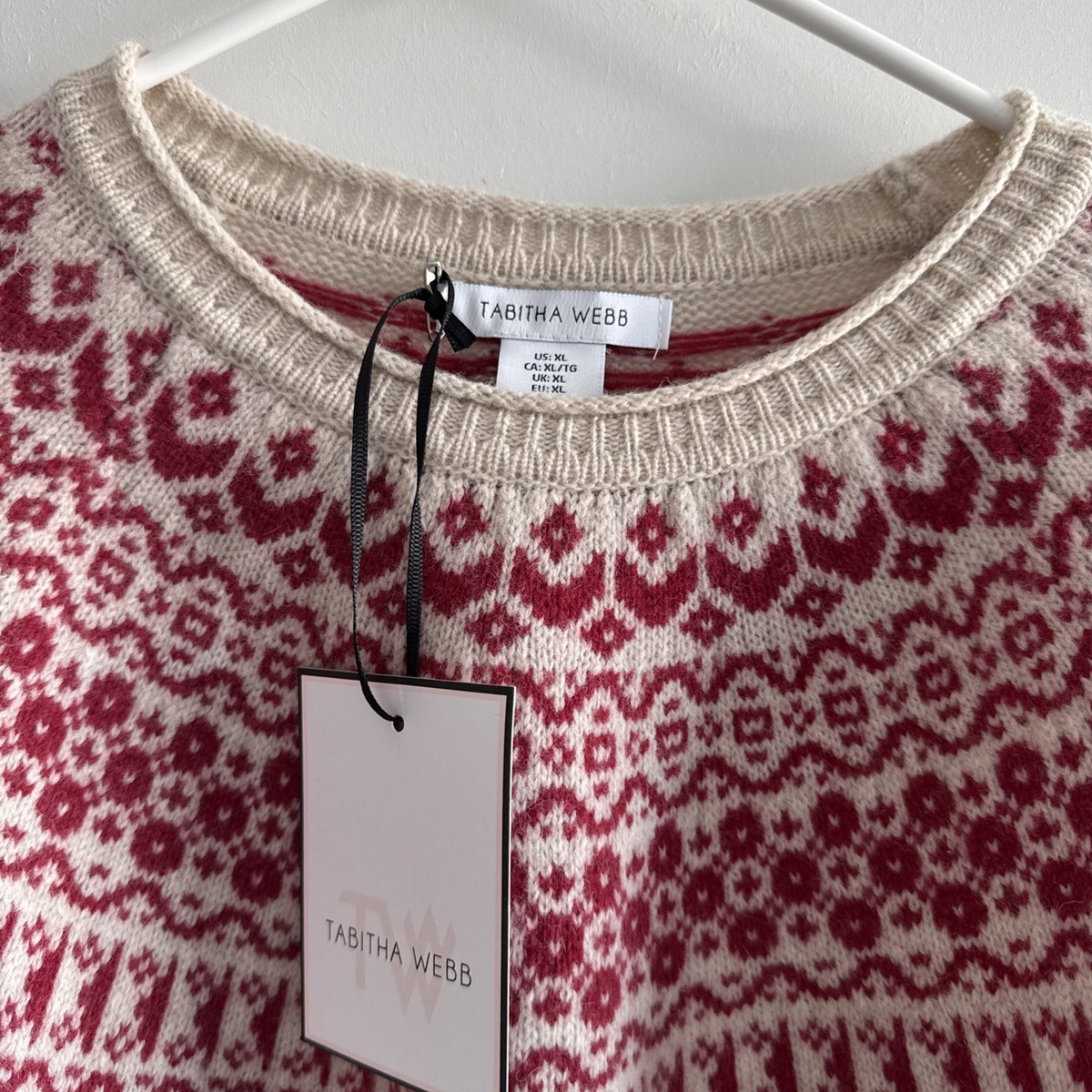 NWT Tabitha Webb Fair Isle Lambswool Pullover Sweater Red Cream