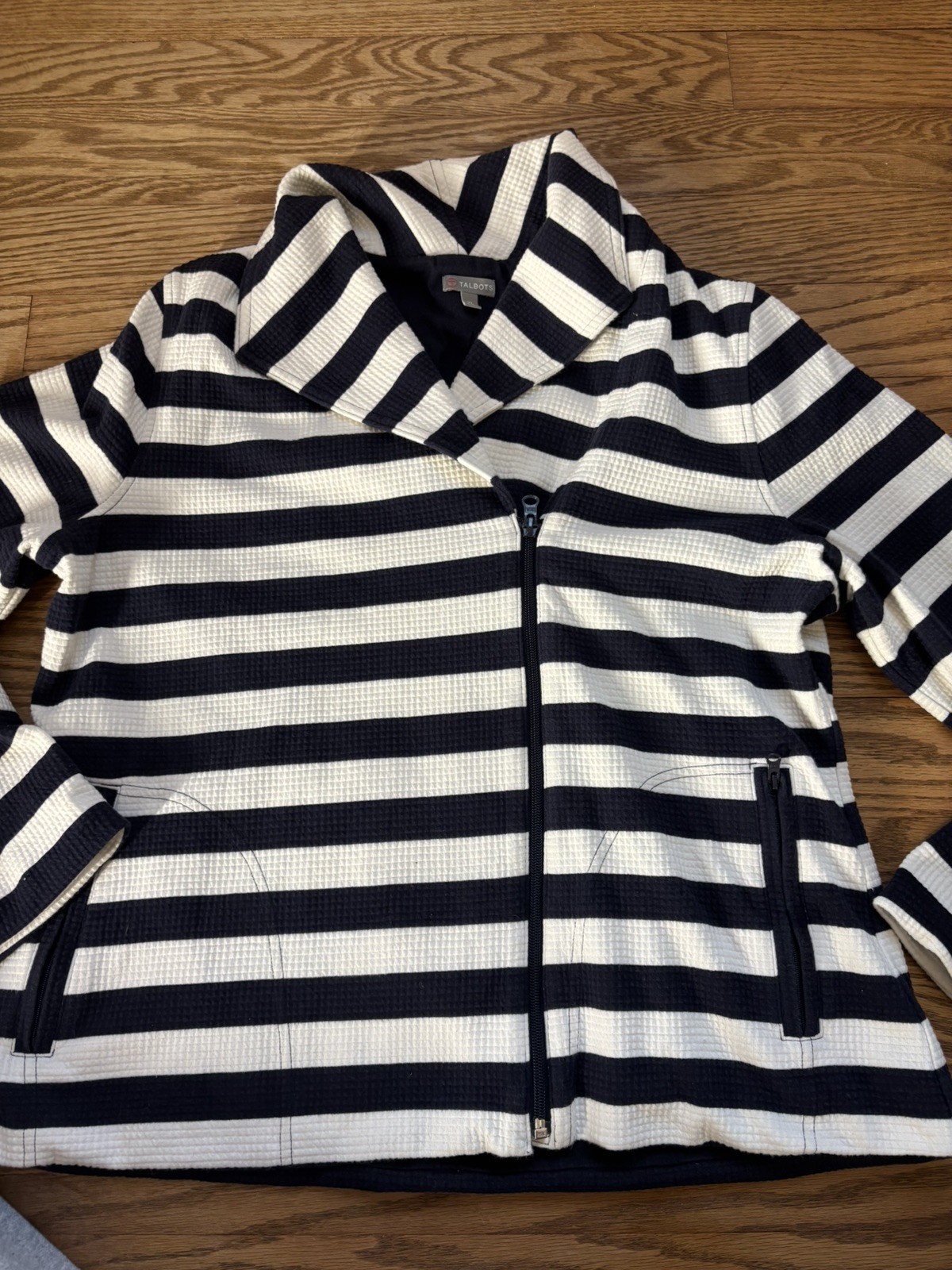 T By Talbots Women’s Jacket Blue White Zip Front with Pockets Size X-Large