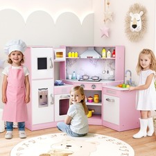 Kids Wooden Pretend Play Kitchen Toy Corner Kitchen Playset-Pink