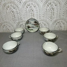 Vintage Asian Scenic Tea Cup Saucer Set 5 Cups 1 Small Plate