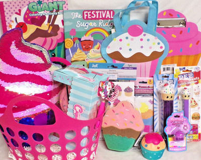 NEW TWEEN BIRTHDAY GIFT BASKET CUPCAKE TOYS SEQUINS CUPCAKE PILLOW LIP GLOSS