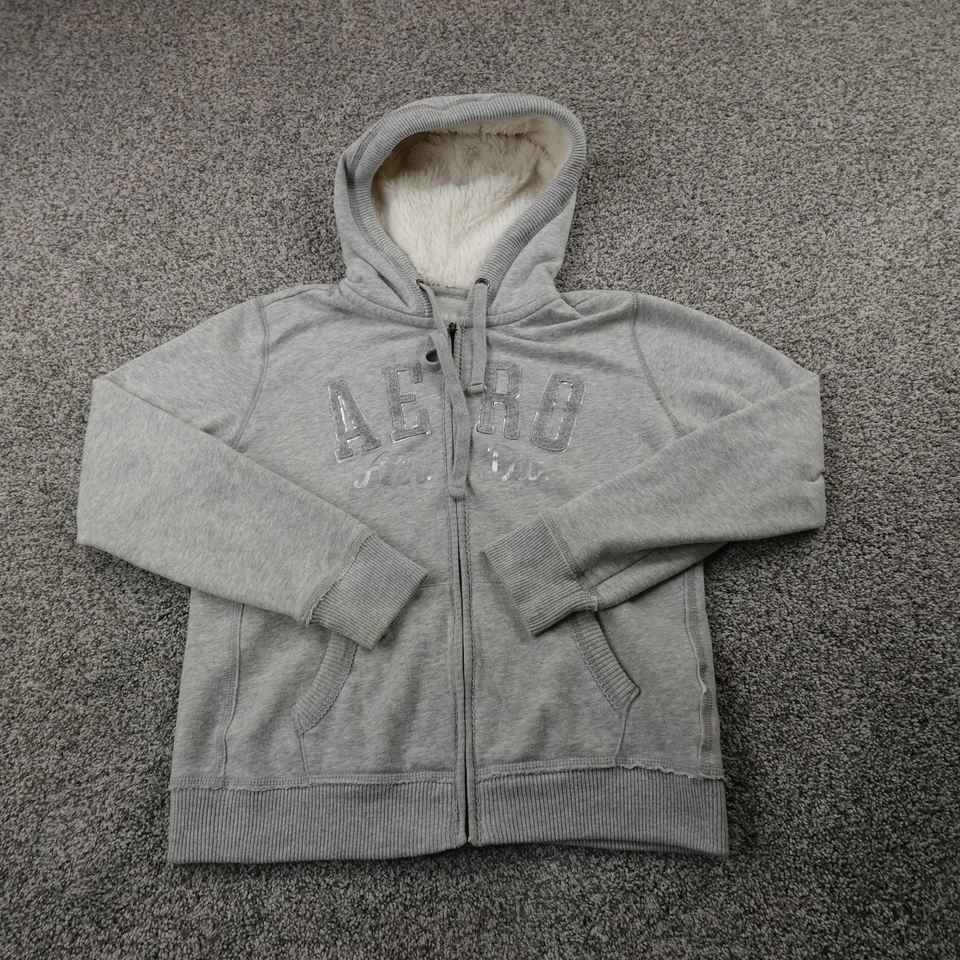 Aeropostale Sudadera con Capucha Mujer L Gris Sherpa Forrada Cremallera Completa Sudadera Chaqueta 00s Y2K Foto 2 de 4