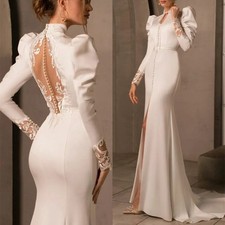 Elegant High Neck Satin Wedding Dress Mermaid Lace Pleats Sweep Train Bride Gown