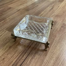 Thick Heavy Vintage Glass Crystal Ashtray on a Gilt Ormolu Base Stand Hollywood