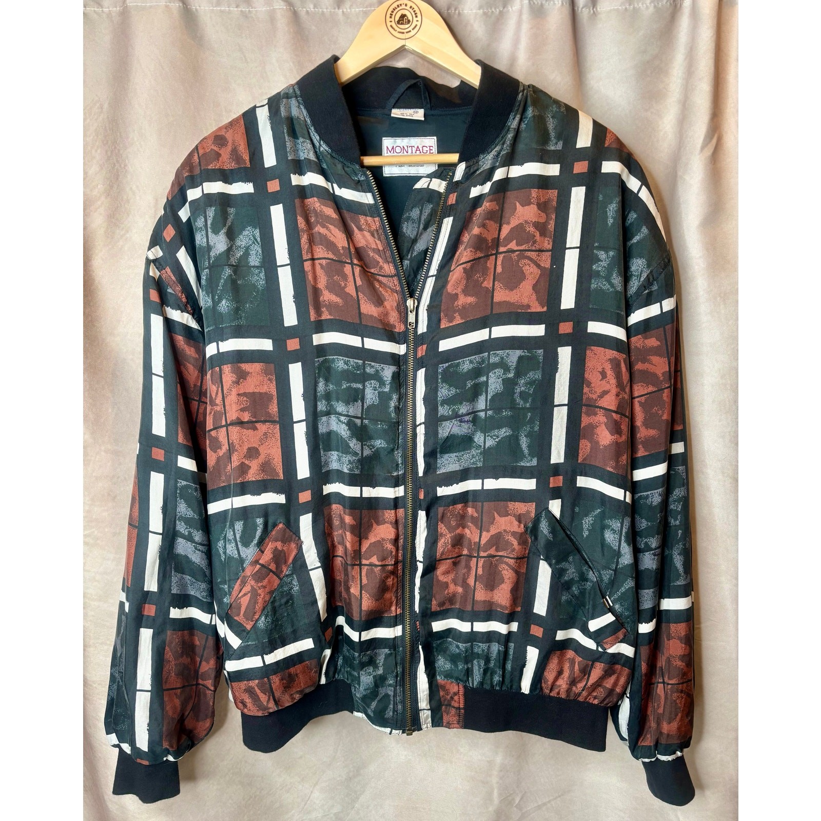 Vtg 90s Montage Pour Homme Silk Bomber Jacket Abstract Print Men’s M