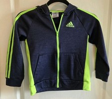 Adidas Kids Size 7 Full Zip Up Jacket W/ Hood Hoodie Neon Green Navy Blue Coat