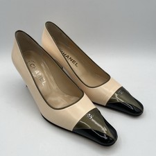 Chanel Logo Leather Beige Black Copper Pumps Heels