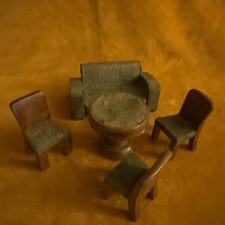 Vintage Doll House Sofa Table Chairs Club 1930s 40s Oak Green Deco Christmas