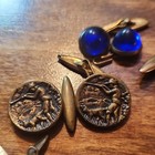 Vintage Brass Blue Glass Round Cufflinks Steamboat Hunting Farming Heraldic — photo 4