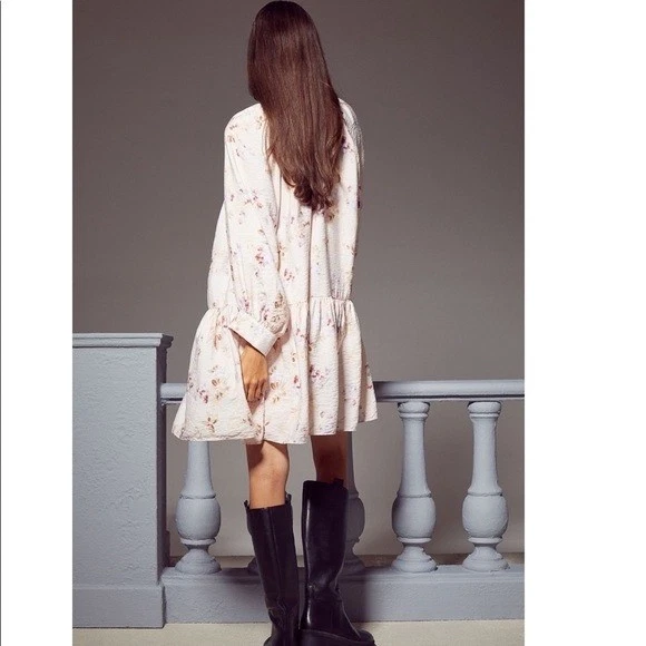 H&M Floral Print Mini Dress Long Sleeve Tiered Hem V Neck Beige Size S - Image 2 of 4
