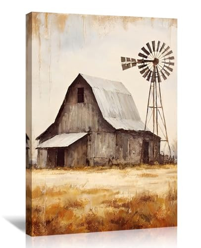 Rustic Farmhouse Wall Art Old Barn Picture Canvas Print Windmill Painting - Picture 2 of 7