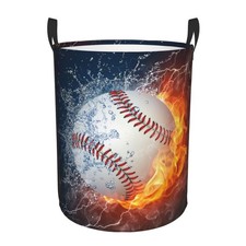 Sport Baseball Ball In Fire And Water Round Laundry Hamper Storage Basket Toy...