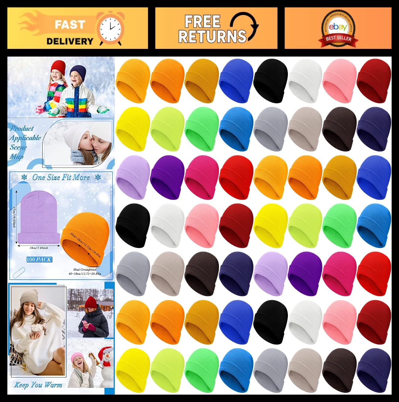 100 Pack Kids Winter Knit Beanie Hats - Warm Cold Weather Caps for Boys & Girls