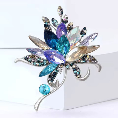 Luxury Blue Flower Bouquet Brooch Rhinestone Crystal Silver Floral Pin Jewelry G