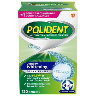 Polident Overnight Whitening Denture Cleanser Tablets - 120 Count (Pack of 1) 