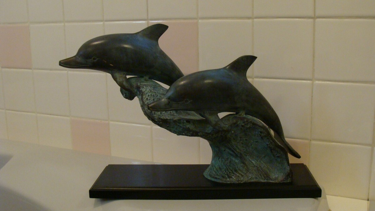 SPI Solid Brass Pair of Dolphins on Wave Large Statue made in