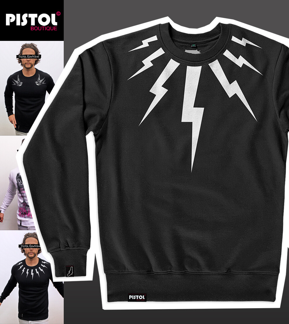 T-shirt Homme Pistol Boutique Noir - Motif Lightning Boulons - Manches Courtes Roulées - Ajusté