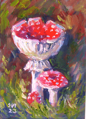 Fly Agaric Original Ölgemälde Pilz Wandbild Wanddekor Leinwand Brett 5x7 Zoll
