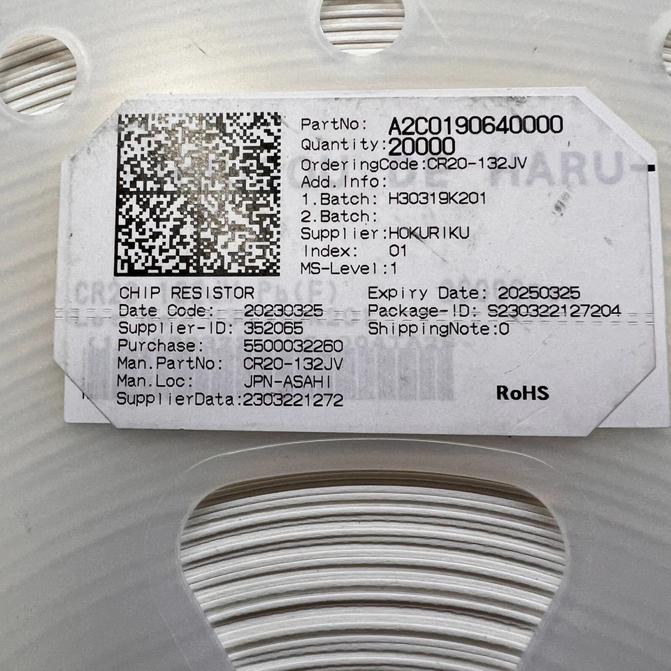 Resistencias de chip CR20-132JV SMD 460.000 piezas 1,3K ohm 5% 0402 - 23 carretes/20.000 piezas Foto 2 de 2