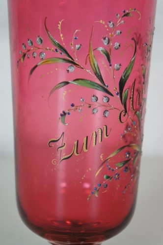 Antique German Zum Andenken Pink Cranberry Glass Vase Funeral Chalice 8" - Picture 6 of 12