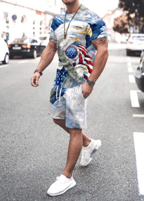 T Shirt Men American Eagle USA Flag Short Sleeve Casual Novelty Tee & Shorts SET