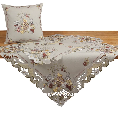 Grey Easter Table runner Doily Tablecloth Linen-look Bunny & Egg Embroidery NEW
