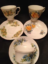 Queen Anne English Bone China 3 Cups & Saucers, Roses, Flowers - 3 Sets!