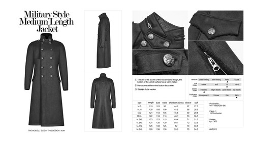 Punk Rave Punk's Military Style Medium Length Jacket Winter Straight-Tube Coat - Picture 9 of 14