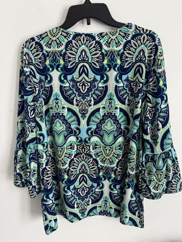 Chico's Top 3 Womens Large Blue Green Medallion Paisley Bell Sleeve Liquid Knit - Picture 3 of 10