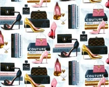 FAT QUARTER FABRIC  PARISIAN FOREVER  FASHION SHOES  PUMPS  CLUTCH PURSE PERFUME