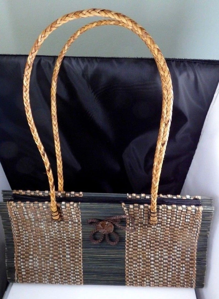 Tailandia Cartera Bolso de Mano Tejido Paja Ratán Hierba Hecho a Mano Flor Marrón Tostado Para Mujer Foto 3 de 4