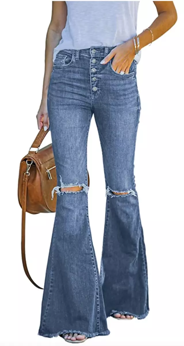 Sky Blue High Waist Raw Hem Button Ripped Flare Jeans