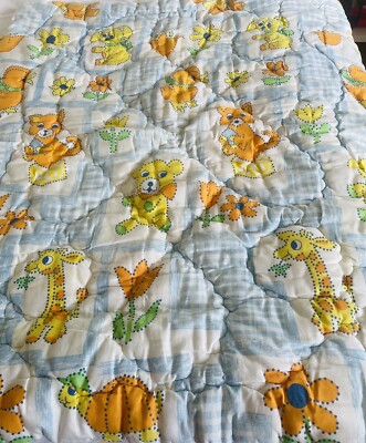 Crib Quilt Blanket Teddy Bears Giraffes Ducks Cats Dogs  31 1/2X38 Vintage 1970