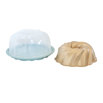 Nordic Ware 12 Cup Nonstick Aluminum Bundt + Cake Keeper Set, Gold and Blue