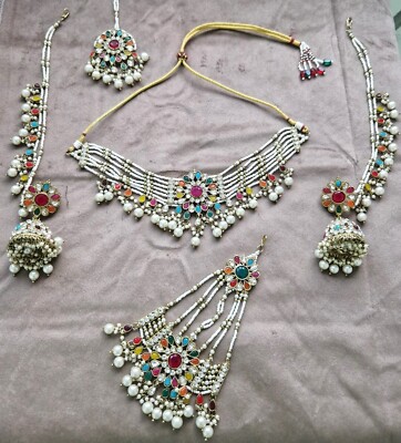Asian Kundan Bridal Indian Necklace Earrings Tikka Jhumar Wedding