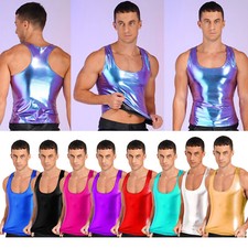 Mens Shiny Metallic Sleeveless Racer Back Slim Fit Camisole Tank Tops Vest Tops