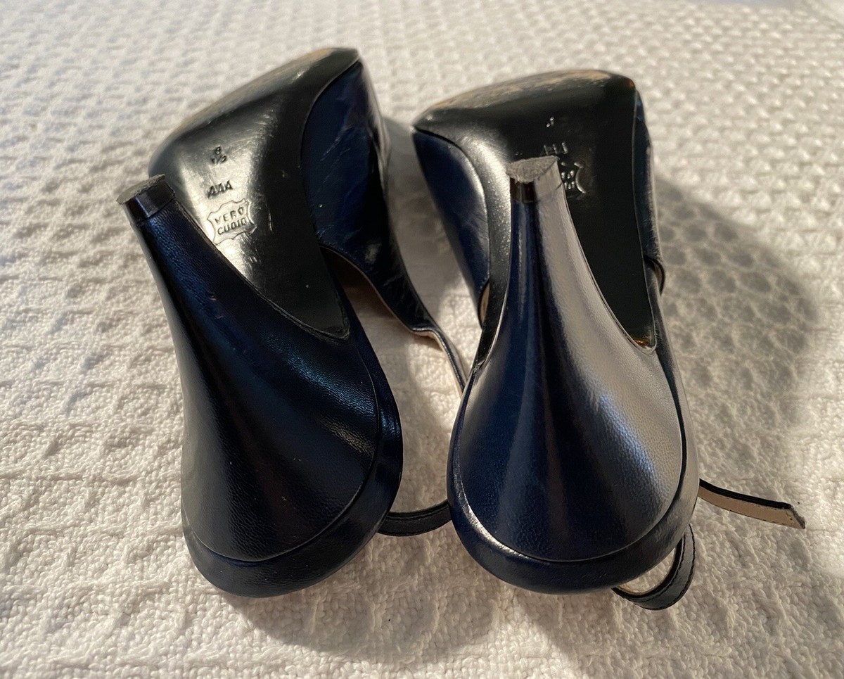 vintage BRUNO MAGLI 8.5 AAA Navy Leather Peep Toe Slingbacks High