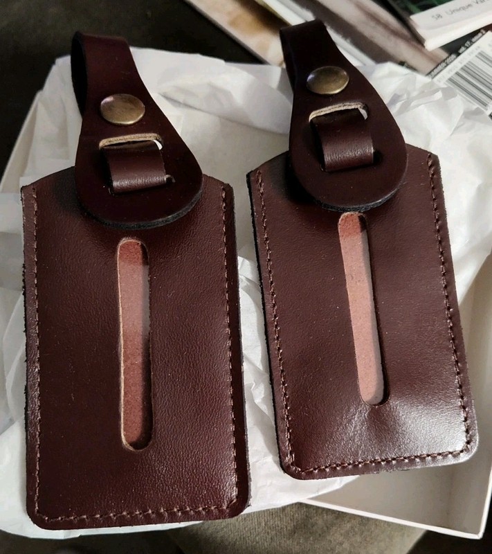 2 - Dark Brown Luggage Tags With Name Slits. Unique New, Nevers Used Tags