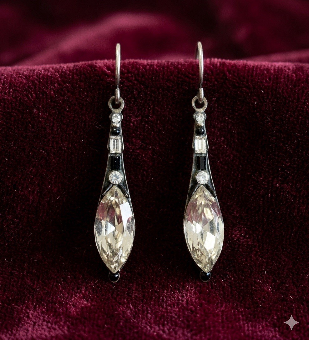 Firefly Vintage Crystal Dangle Drop Earrings Black Clear Mosaic Art Deco Boho