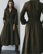ZARA NEW WOMAN MIDI ZW COLL POPLIN DRESS  KHAKI SIZE S