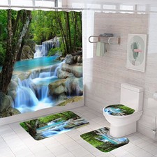 4Pcs Shower Curtain Sets, Natural Scenery Spring Forest Waterfall Waterproof ...