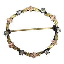 Vintage Tri Color Gold Diamond Leaf Circle Brooch Antique Pin Sterling Wreath