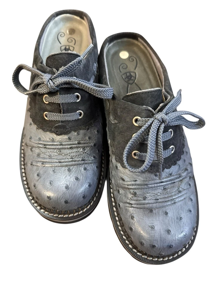 Zuecos para bebé ARIAT Fat vintage Y2K para mujer talla 9 cuero avestruz sin cordones vaquera Foto 3 de 4