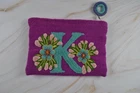 Jenny Krauss 100% Wool Embroidered Monogram K Floral Pouch Makeup Accessory Bag