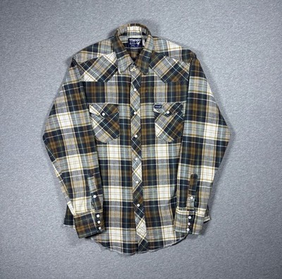 Vintage Wrangler Pre Shrunk Pearl Snap Plaid Flannel Shirt Men s L Western 80s