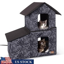 Two-Story Outdoor Kitty House with Dining Room Heated Multi-Cat Shelter