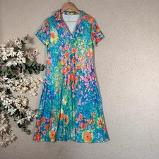 Vibrant Multi-Colour Abstract Floral Print V-Neck Tea Dress - Size Small